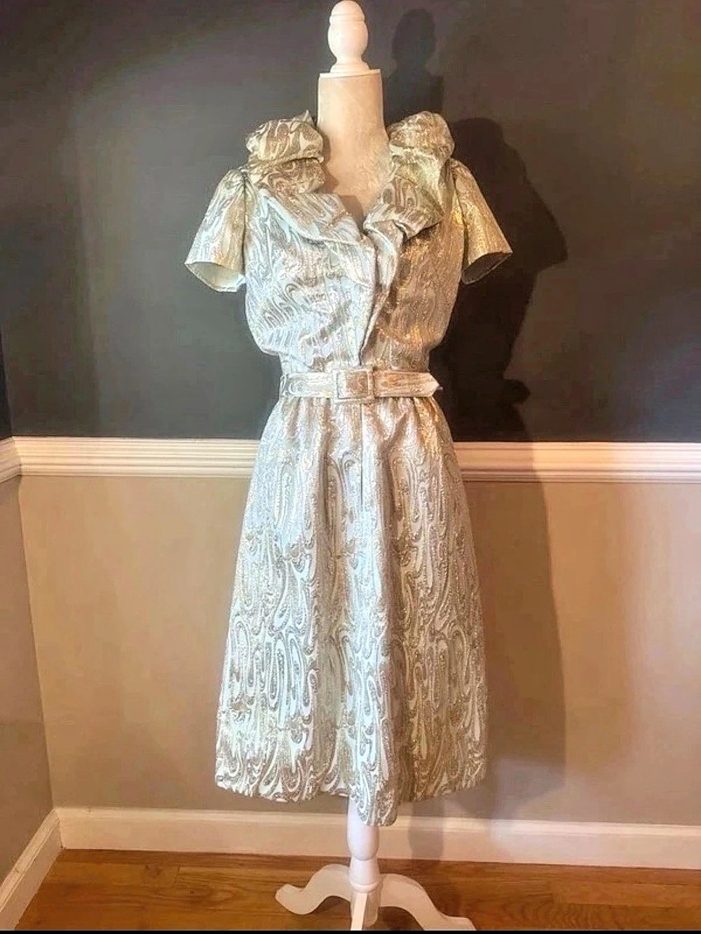Helga Authentic 1950-60’s Vintage Gold Silver & Sage Dress